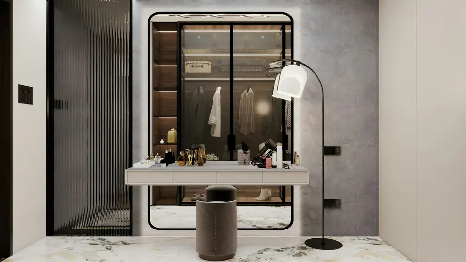 Dressing table with glass wardrobe | Fitted wardrobes Newcastle Dressing table with a lit mirror in front of a glass-fronted wardrobe, a fitted wardrobe idea for Newcastle homes